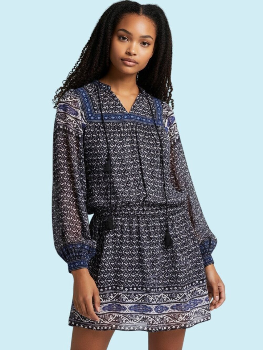 Ulla Johnson Reema Moonlight Mini Dress Size 6 Blue Silk Tassel Boho Cottagecore
